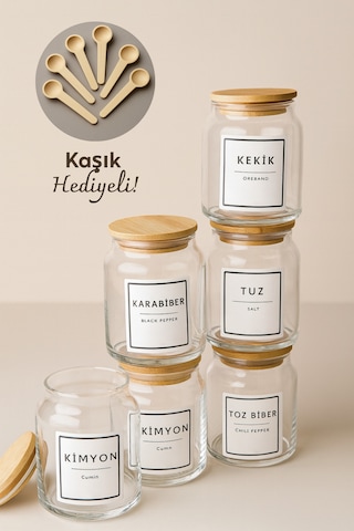 Zenith - 6'lı Bambu Vakum Kapaklı Kaşık Ve Etiket Hediyeli Cam Saklama Kabı Baharatlık Seti 290 Cc Diğer