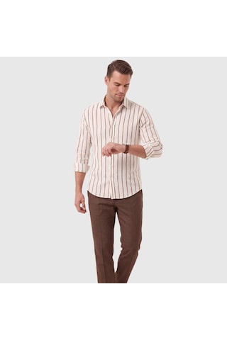 Deepsea Erkek %100 Pamuk Slim Fit Dar Kesim Keten Dokulu Çizgili Uzun Kollu Kahve Gömlek 2600034