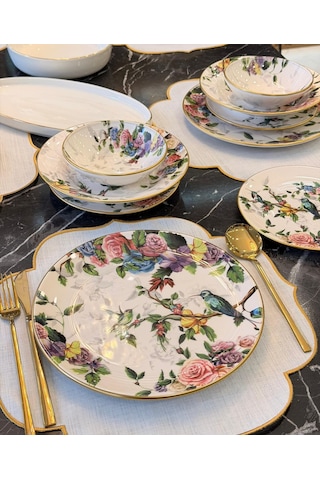 24 Parça 6 Kişilik Modern Flore Bird Yemek Takımı-5694 Çok Renkli