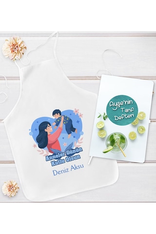 Bk Gift Kişiye Özel Anneler Günü Tasarımlı Mutfak Önlüğü Ve Yemek Tarif Defteri Hediye Seti-6, Anneye Hediye, Anneler Günü Hediyeleri