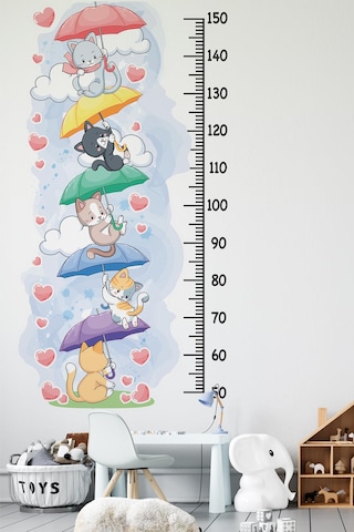 Sevimli Kedilerle Süslü Boy Cetveli Sticker, Çocuk Bebek Odası Boy Ölçer Sticker Dijital Baskı