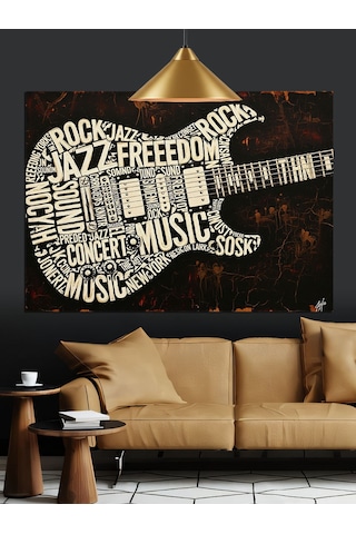 Gitar Şekilli Müzik Yazıları Dekoratif Kanvas - Mdf Ahşap Tablo