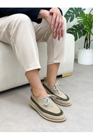 Erva'nın Butiği Bej Hakiki Deri Santa Bağcık Detay Kadın Sneakers-6390