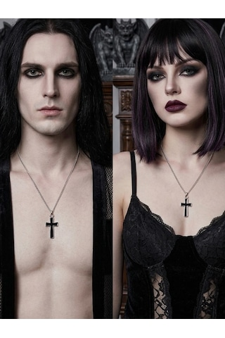 Unisex Gotik Haç Kolye Kırmızı Gri Gümüş Vintage Cross Kolye, Retro Zincir Kolye, Kadın Erkek Punk Gothic Siyah