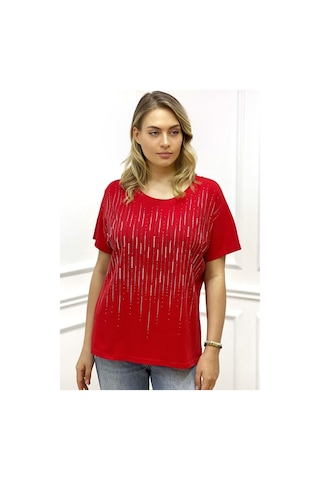 Rich Glam Bol Kesim Bisiklet Yaka Büyük Beden Crystal Taşlı Kadın T-shirt Kırmızı
