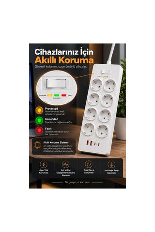 Robeve Fulltech 3680w 8 Li Akım Korumalı Uzatma Prizi - 2 Usb-a 2 Type-c, 2 Metre Kablo, Akıllı Koruma Sistemli Çoklu Priz Çoğaltıcı Grup Priz 8'li Priz 8'li Fiş Grup Fiş 2 M