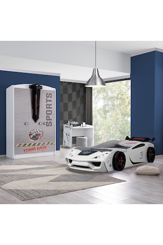 Setaymobilya Sports Çocuk Odası - Vento Arabalı Yatak, Dolap, Masa - Beyaz