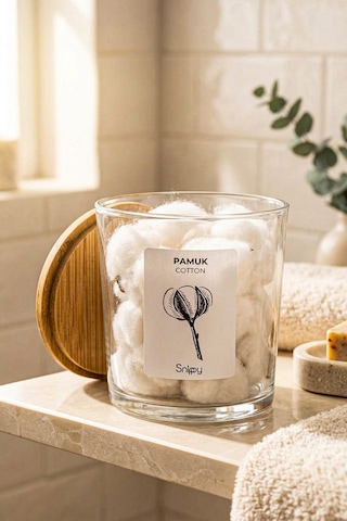 Bamio - Bambu Standlı Bambu Kapaklı Etiketli Banyo Düzenleyici Cam Banyo Seti Banyo Organizeri Açık Ahşap