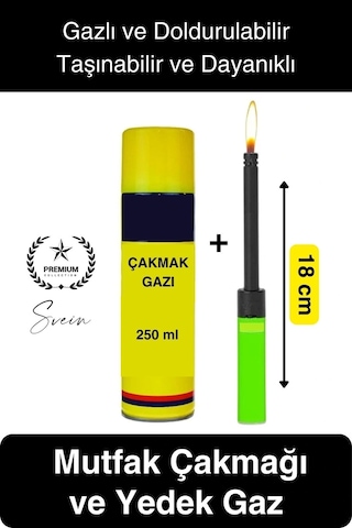 Premium 18 Cm Basmalı Uzun Mutfak Çakmağı Ve Yedek Gazlı 250 Ml Mum Mangal Kamp İçin Normal Alev