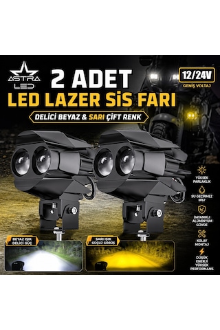 2 Adet Motosiklet Atv Utv Led Lazer Sis Farı Delici Beyaz Sarı Çift Renk 12 -24 Volt