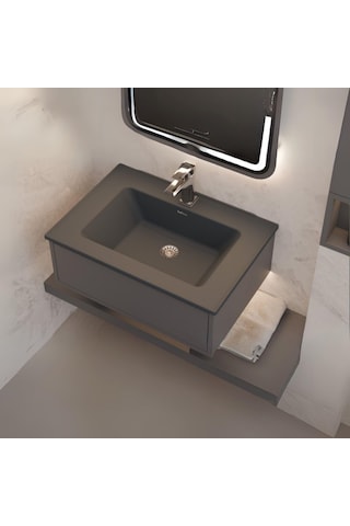 Real Stone Zenıth 65 Etajerli Siyah Granit Banyo Lavabosu 65x45 Siyah