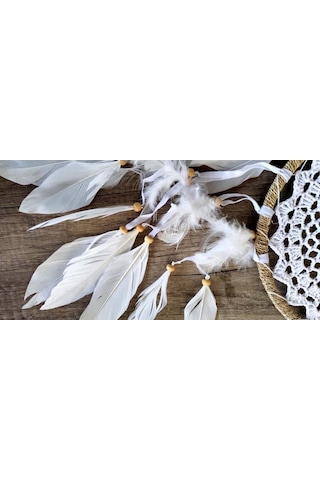 Hdmarketim Düş Kapanı Dreamcatcher Kuş Tüyü Duvar Süsü %100 Pamuk Elişi Beyaz