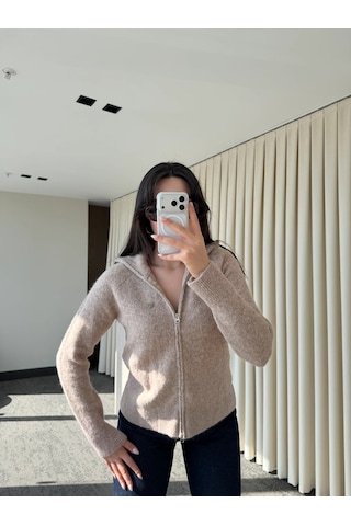 Laluvia Bej Balıkçı Yaka Çift Fermuarlı Hırka - 251108 Bej