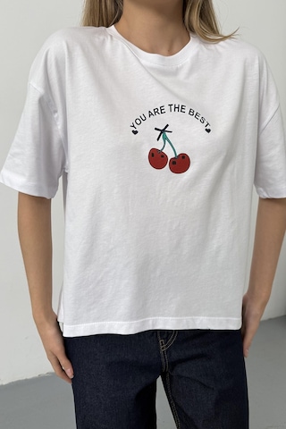Giysa Kadın Kiraz Baskılı Pamuklu T-shirt Beyaz - 26y 26519