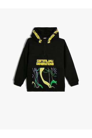 Koton Oversize Kapşonlu Sweatshirt Uzun Kollu Oyun Temalı Şardonlu Siyah 4wkb10008tk