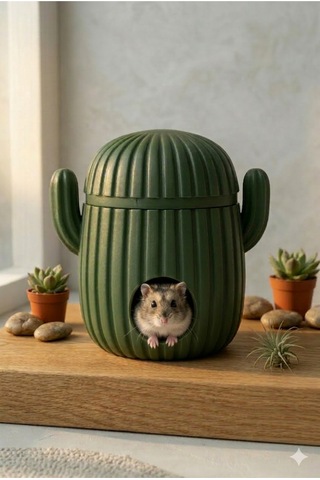 Hamster Evi - Kaktüs Tasarımlı Konforlu Kemirgen Yuvası Dekoratif Kafes İçi Küçük Hayvan Evi