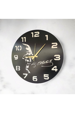 Atatürk İmza Ahşap Siyah Renk Sade Sayılı Hediyelik Sessiz Duvar Saati 50cm Siyah