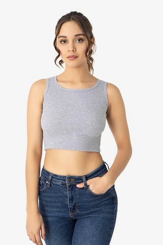 Terrien Özel Seri Alternatif Mevsimlik Üst Kaşkorse Kadın Pamuklu Fitilli Halter Yaka Kalın Askılı Crop Gri