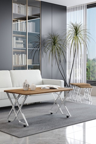 Milano Tekerlekli Orta Sehpa Gümüş Metal - Atlantik Çam Tabla