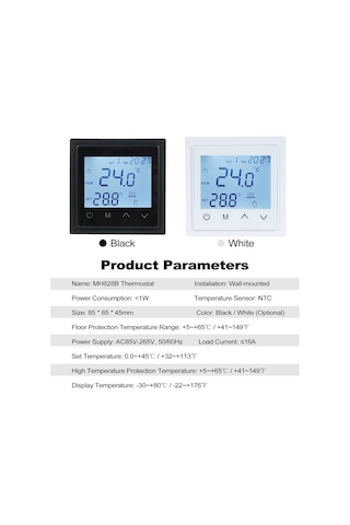 Yaozixa 1828b Siyah Akıllı Panelli Termostat, Led Dokunmatik Ekran, Ntc Sensörlü, Ev Radyant Isı Kontrolü, Zemin Isıtıcı Regülatörü
