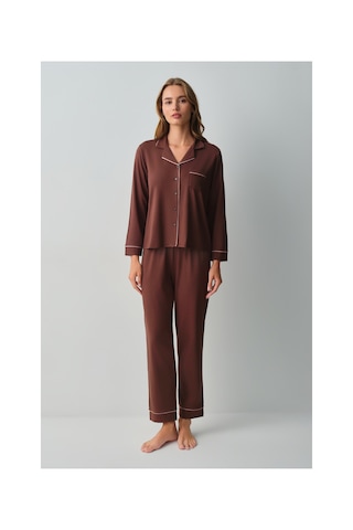 Suwen Misty Gömlek Yaka Pijama Takımı Wsh10510059070 Kahverengi