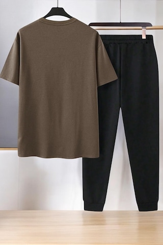 Uyguntarz Unisex Dr: Ayı Tasarım Basklı Tshirt Eşofman Takımı Kahverengi