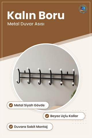 Duvar Askısı Kalın Borulu Metal Siyah Beyaz Antre Hol Giysi Kaban Çok Renkli