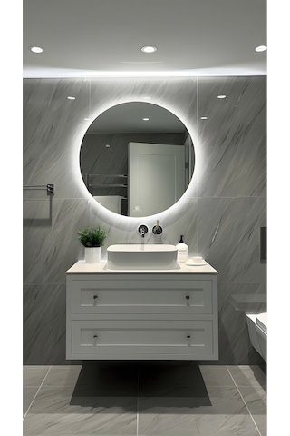 Digital Hayat Dokunmatik Dimlenebilir Beyaz Led Işıklı Yuvarlak Ayna Dekoratif Banyo Makyaj Aynası Beyaz