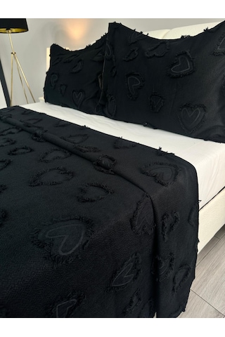 Kalp Çift Kişilik Yatak Örtüsü Siyah