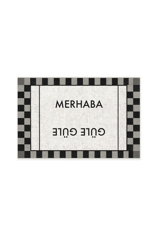 Kartela Halı Merhaba Güle Güle Damalı Kapı Paspası Siyah Beyaz Kaymaz Kauçuk Taban 60x90 Cm