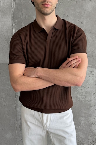 Erkek Petek Desen Polo Yaka Triko T-shirt Kahverengi