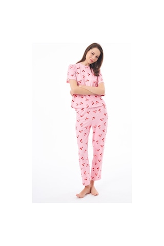 Premium Kadın Pijama Takımı Kiraz Desenli Yumuşak Dokulu Kısa Kollu Bisiklet Yaka Pudra