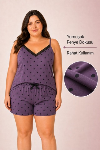 Bravie Kadın Büyük Beden İp Askılı Yakası Dantelli Mor Puantiye Desenli Yazlık Pijama Takımı