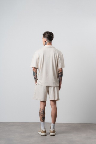 Erkek Respire Relined Yazılı Regular Fit T-shirt Şort Takım Bej