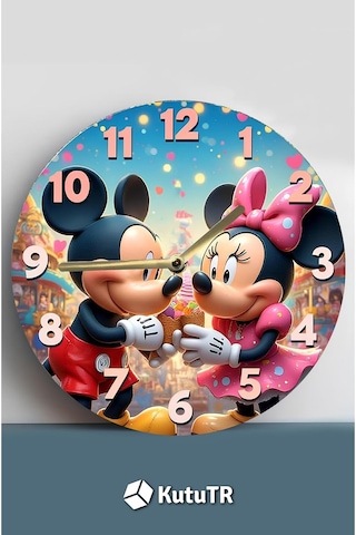 Kututr Mickey & Minnie Temalı Renkli Mdf Duvar Saati 3d Görünümlü Sessiz Mekanizmalı 2d Hd Baskı Sdw242,s