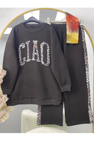 Lovie Moda Kadın Leopar Yazılı Eşofman Takımı Kahverengi