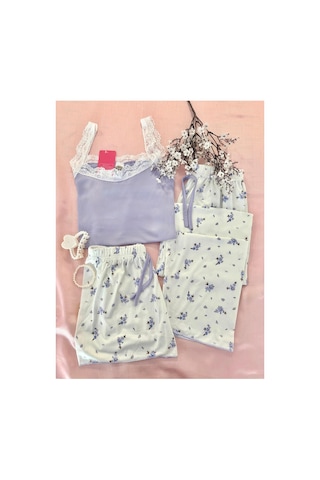 Mh Moony Homewears 3'lü Dantelli Lila Çiçek Bahçesi Pijama Takımı lila