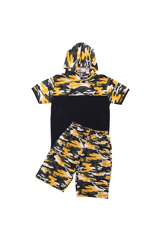 Fyk Kids Erkek Çocuk Kapüşonlu Kamuflaj Desenli Kapri-sweatshirt Alt Üst Takım Sarı