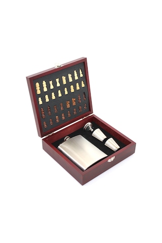 1 Adet Ahşap Kutulu Satrançlı Matara Seti 8 Oz Matara Ve 2 Shot Bardağı İçeren Taşınabilir Chess Flask Set