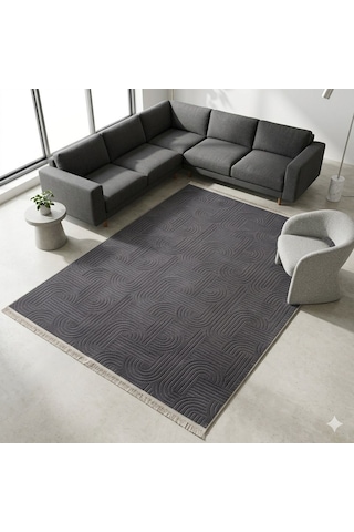 Melena Carpet Modern Salon Halısı Premium Seri Emboss Kabartmalı Saçaklı Kaymaz Taban Halı Antrasit