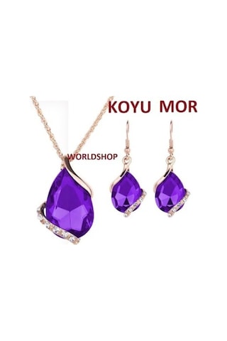 Büyük Taşlı Takı Seti 18 Gp Altın Kaplama Koyu Mor , Ahşap Kutu Içerisinde Koyu Mor Koyu Mor