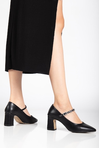 Kadın Stiletto Topuklu Ayakkabı Siyah Suni Deri Baret Taşlı Kalın Topuklu-4171 Siyah