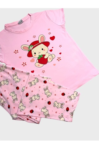 Aliş Kids Anne-kız Çocuk Pamuklu Pembe Tavşan Desenli Kısa Kollu Bisiklet Yaka Yazlık Pijama Takımı