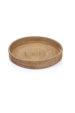 Meander El Yapımı Yuvarlak Küçük Boy Rattan Çok Amaçlı Kulplu Tep