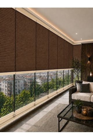 Plise Perde Kahverenk Kumaş + Krem Profil Kasa Cam Balkon Perdesi