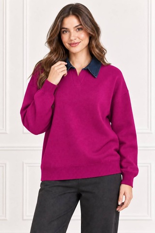 Hıra Co. Kadın Kot Gömlek Yakalı Uzun Kollu Oversize Triko Kazak Pembe Pembe