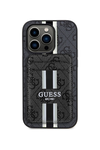 Apple Uyumlu iPhone 14 Pro Max Kılıf Guess Lisanslı Magsafe Özellikli 4g Desenli Çizgili Kartlıklı Kapak Siyah