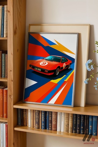 Kırmızı Yarış Arabası Pop Art, Siyah Çerçeveli Duvar Tablosu - Oto Severlere Özel Hediye