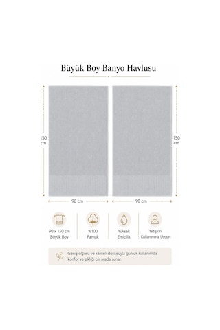 2'li Büyük Boy Banyo Havlusu 90x150 Cm %100 Pamuk Siena Collection 650 Gr Açık Gri