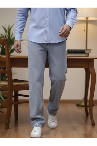 Lyvens Erkek Buz Mavi Baggy Oversize Bol Paça Jean Kot Pantolon Buz Mavi